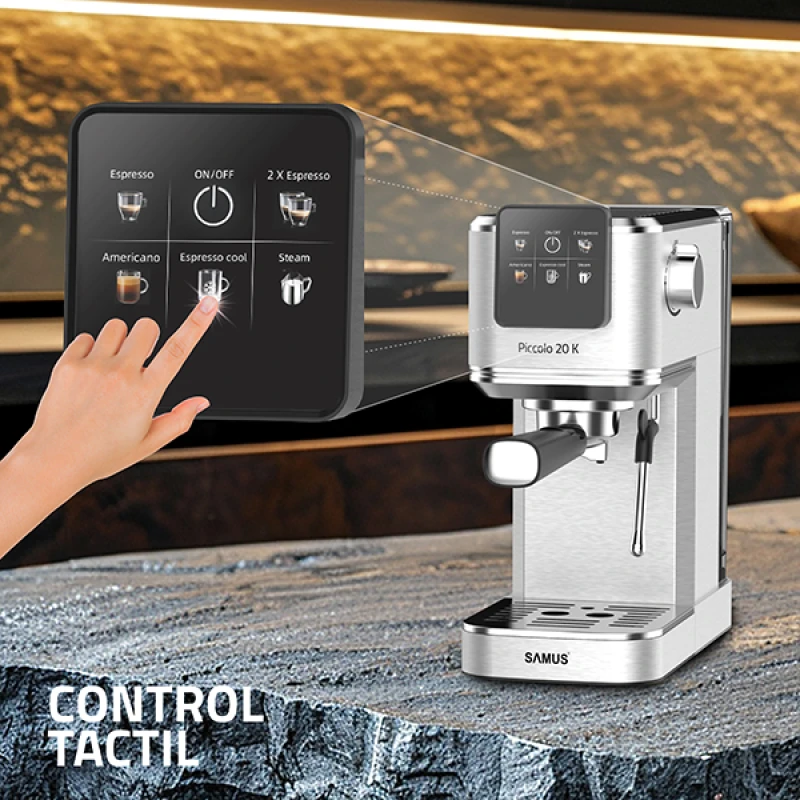Espressor manual Samus PICCOLO 20 K, 1350 W, 20 bari, Rezervor 1.2 l, 5 bauturi, Utilizare cafea macinata sau capsule (Inox)