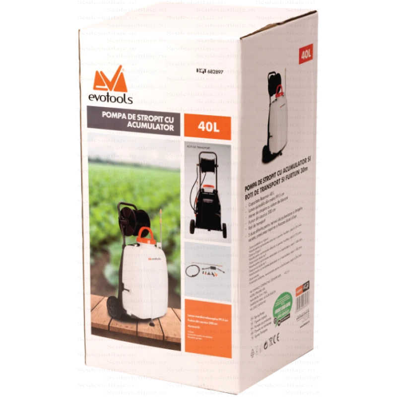 Pompa de stropit Evotools, cu acumulator si roti de transport – 40L, 6 Bar, 12V