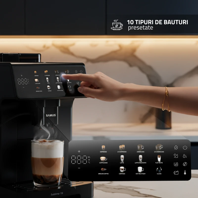 Espressor automat Samus Sublime 19, Rasnita profesionala- 300 g, 19 bari, Putere 1200-1400 W, Rezervor apa 2 L, Sistem extractie lapte cu furtun 25 cm, 10 tipuri de bauturi, Multiple tipuri de reglaje