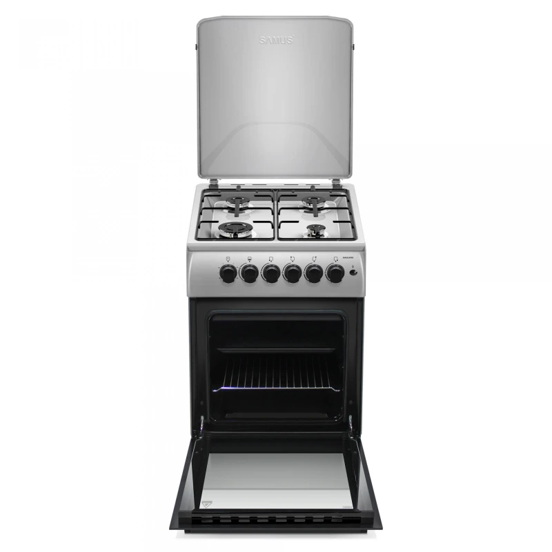 Aragaz Samus SM561XPBS, 4 Arzatoare gaz, Cuptor gaz, Aprindere electrica plita, Timer, Sigurante plita si cuptor, Inox/ Argintiu