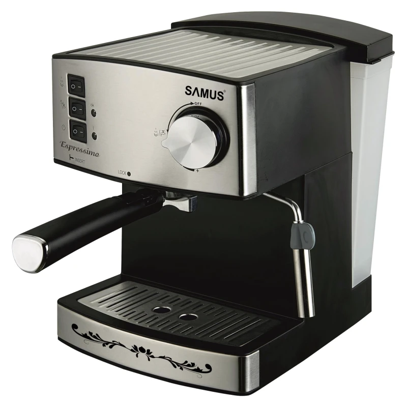 Espressor Samus Espressimo Silver, 15 bari, 1.6 L, Filtru inox, Duza abur pentru cappuccino, Plita preincalzire cesti, Negru/Inox