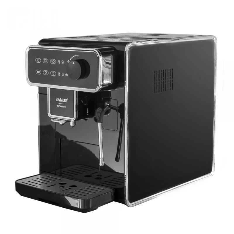 Espressor cafea Samus Automatico, Putere 1350W, Rezervor de apa detasabil 2.2L, 15 bari, Capacitate rasnita 300 g, Oprire automata dupa 25 de minute, 5 niveluri de macinare, 3 optiuni de cafea, Negru