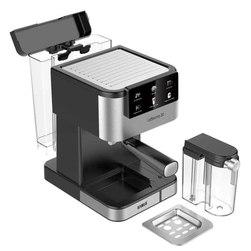 Espressor Samus Latteccino 20, 20 bari, rezervor lapte 500 ml, 6 tipuri bauturi, 1350 W, Rezervor apa 1.5 l, Sistem rapid de incalzire thermalblock, Inox/ Negru