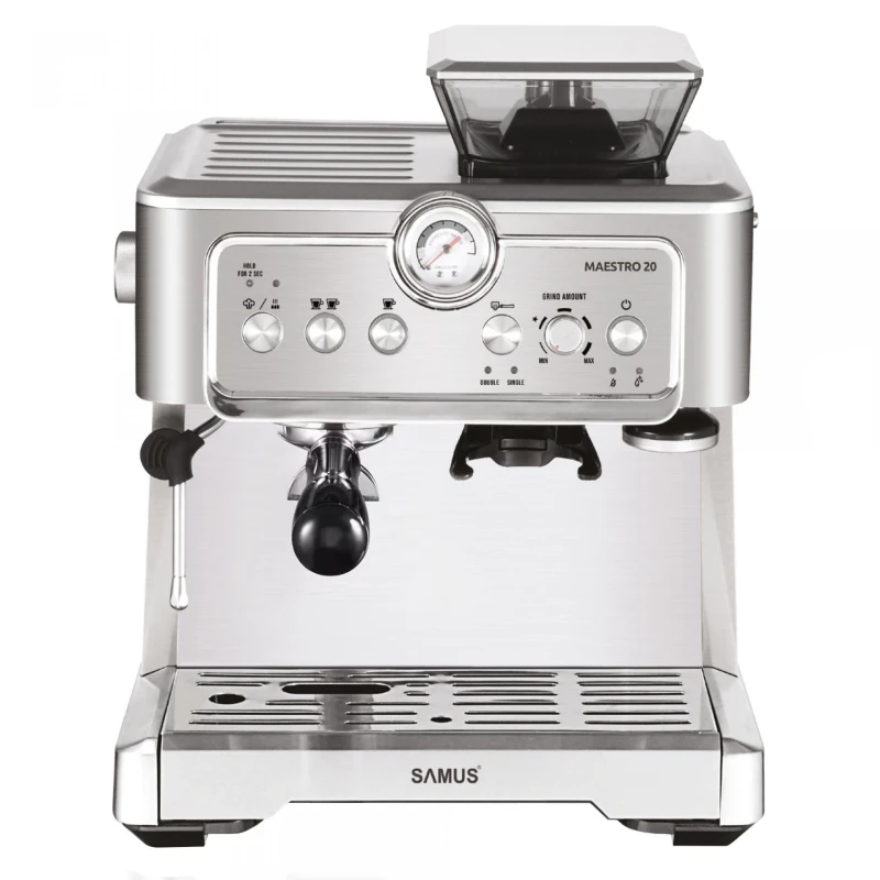 Espressor Samus MAESTRO 20, 1350 W, 20 Bari, Rezervor de apa detasabil 2.3 L, Capacitate rasnita 200 g, Optiune 1 sau 2 cesti de cafea, Diuza spumare lapte, Filtru dublu inoxidabil, Argintiu