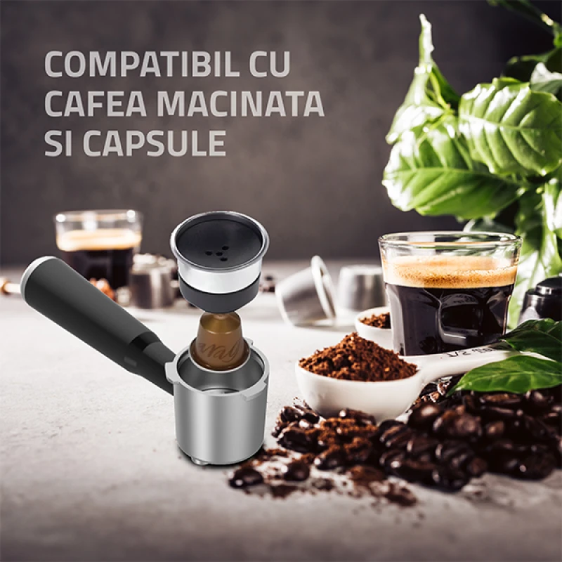 Espressor manual Samus PICCOLO 20 K, 1350 W, 20 bari, Rezervor 1.2 l, 5 bauturi, Utilizare cafea macinata sau capsule (Inox)