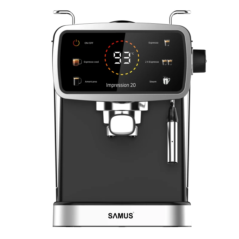 Espressor Samus Impression 20, 20 bari, 5 optiuni cafea, Touch Control, rezervor apa 1.5l, 1350W, Ecran afisare temperatura apa, Sistem electronic de incalzire, Negru