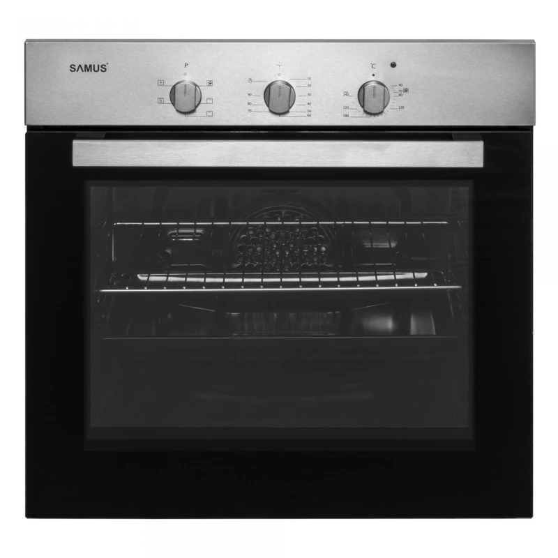 Cuptor incorporabil Samus SC616GTXV, Electric, 62 L, 5 functii, Timer, Ventilatie tangentiala de racire, Clasa A, Geam Low-E, Butoane ergonomice, Maner metalic, Negru/Inox