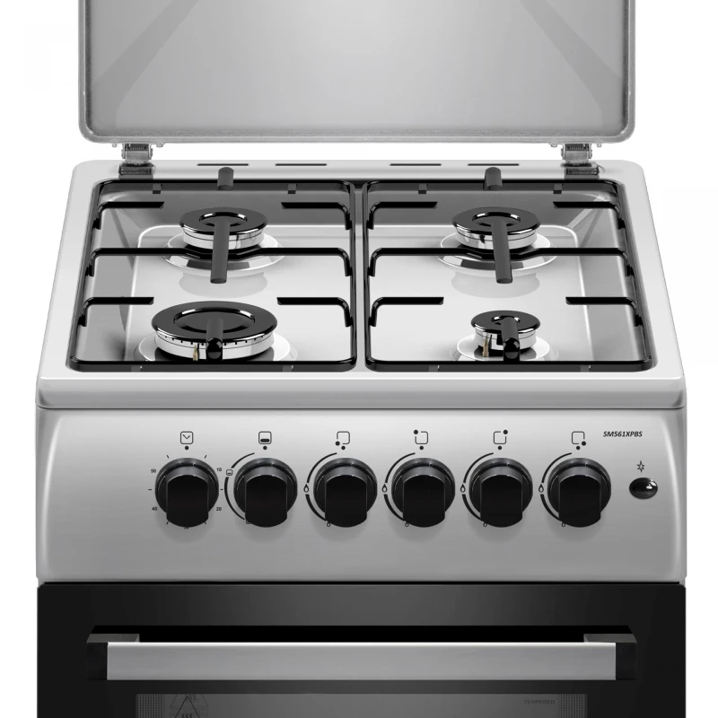 Aragaz Samus SM561XPBS, 4 Arzatoare gaz, Cuptor gaz, Aprindere electrica plita, Timer, Sigurante plita si cuptor, Inox/ Argintiu