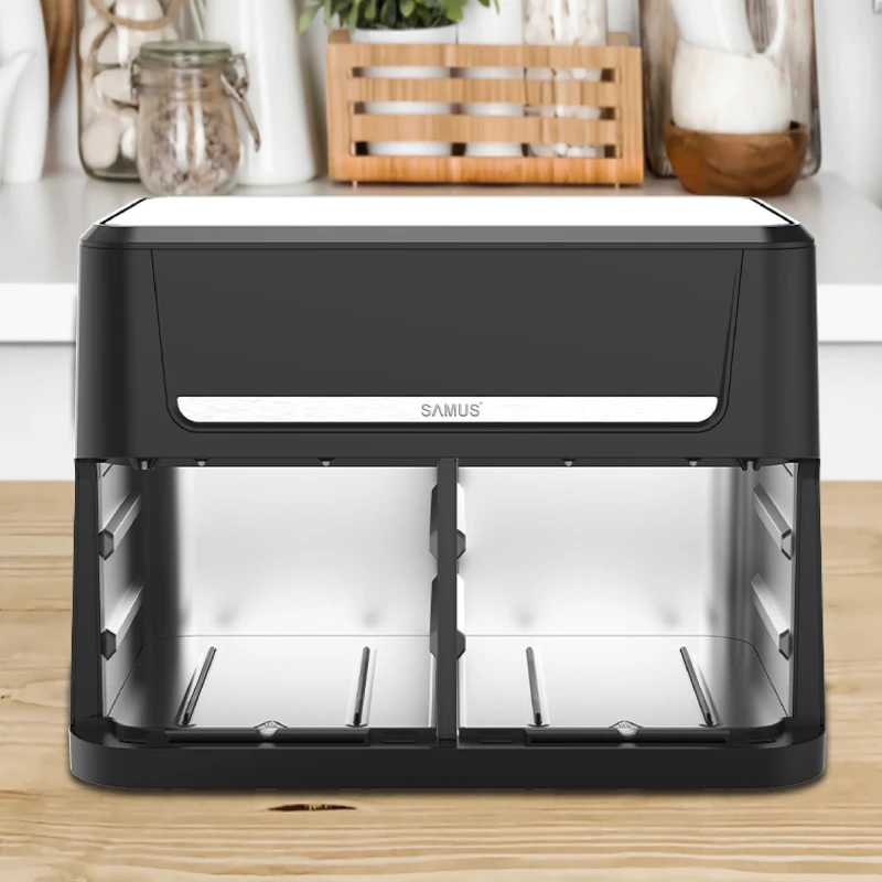 Friteuza dubla cu aer cald Samus AF12TWIN-S2800DW, 12 l, 2800 W, Afisaj electronic color, Timer 0-60 minute, 10 programe (Negru/Inox)