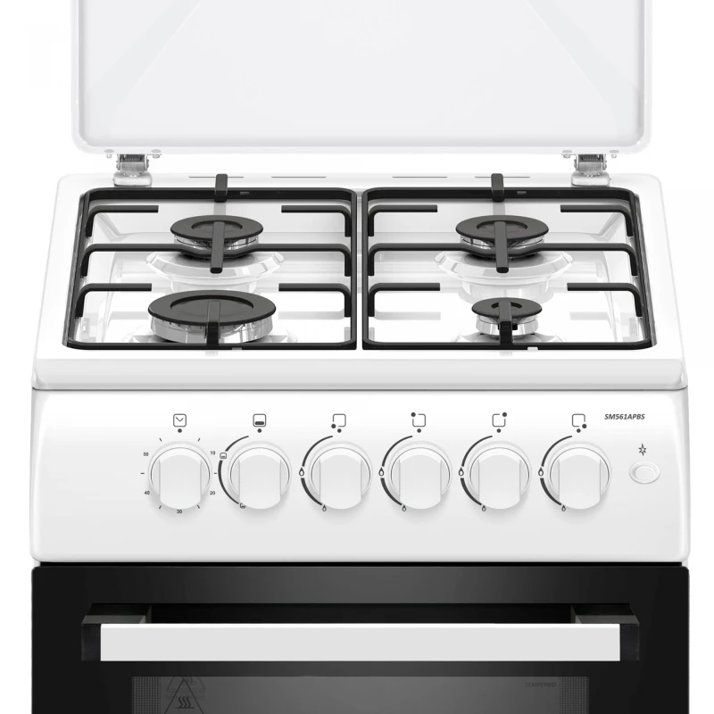 Aragaz Samus SM561APBS, Montat pentru utilizare cu GPL, Culoare alba 50 x 60 cm,4 arzatoare pe gaz, Cuptor pe gaz, Siguranta plita + cuptor, Aprindere electrica plita