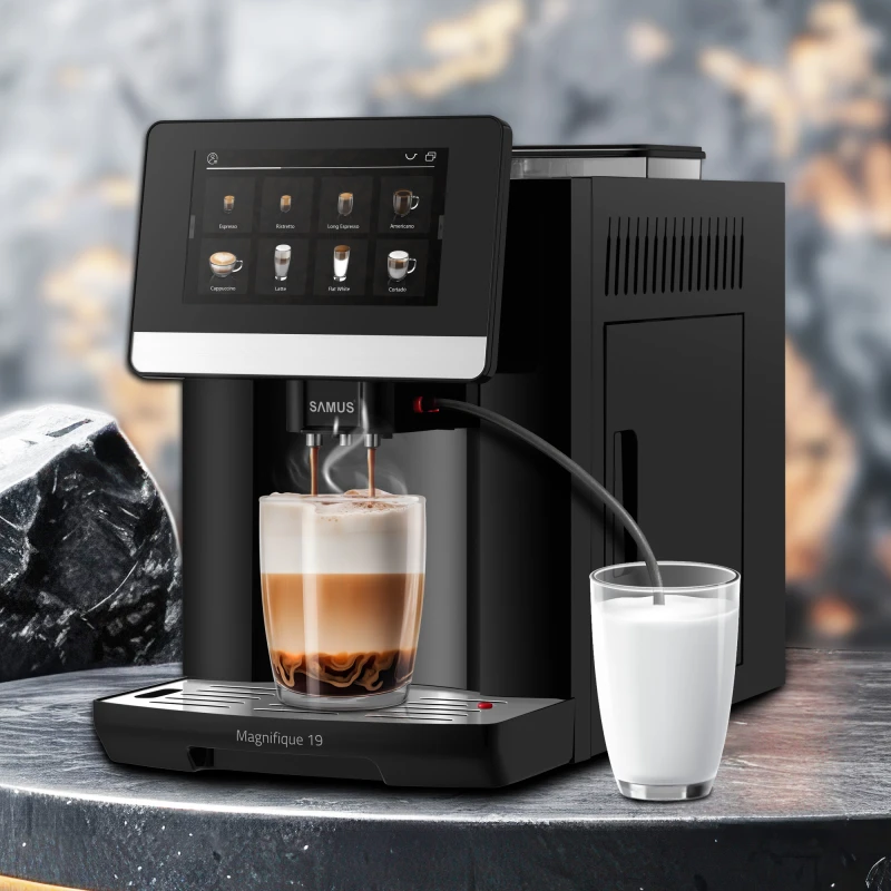 Espressor automat Samus Magnifique 19, Putere 1200-1450 W, 19 bari, Rezervor apa 1.7 L, Recipient cafea boabe 250 g, 20 tipuri bauturi, Sistem extractie lapte cu furtun 25 cm, Inaltime reglabila duze cafea