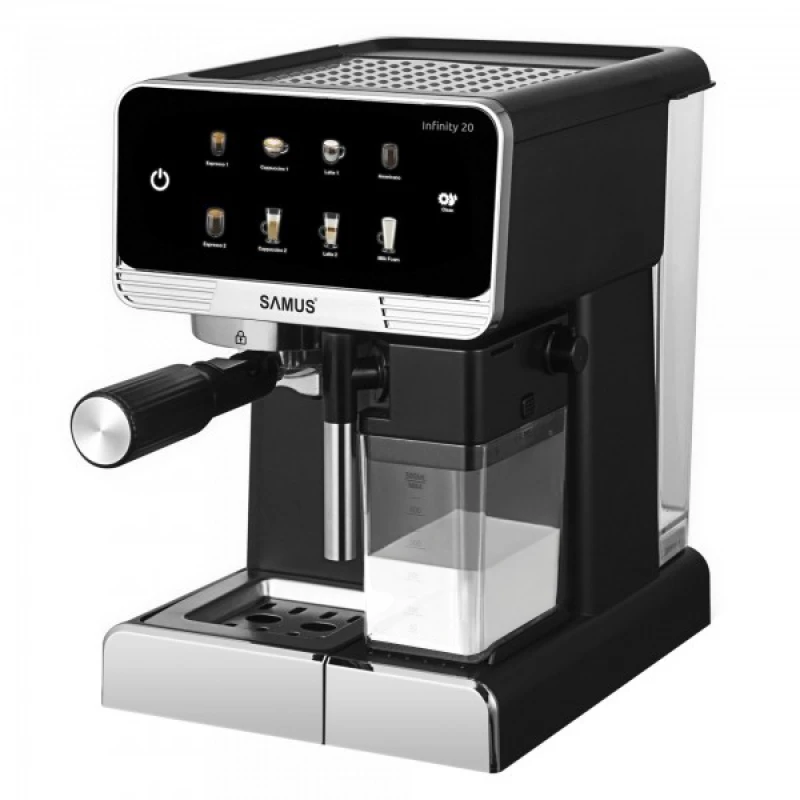 Espressor Automat Samus INFINITY 20, 1350 W, 20 Bari, Rezervor apa 1800 ml, Rezervor lapte 500 ml, 7 Optiuni de cafea, Duza spumare lapte si tavita de colectare detasabile, Negru/Inox