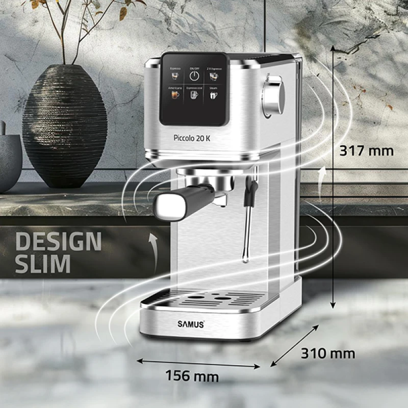 Espressor manual Samus PICCOLO 20 K, 1350 W, 20 bari, Rezervor 1.2 l, 5 bauturi, Utilizare cafea macinata sau capsule (Inox)