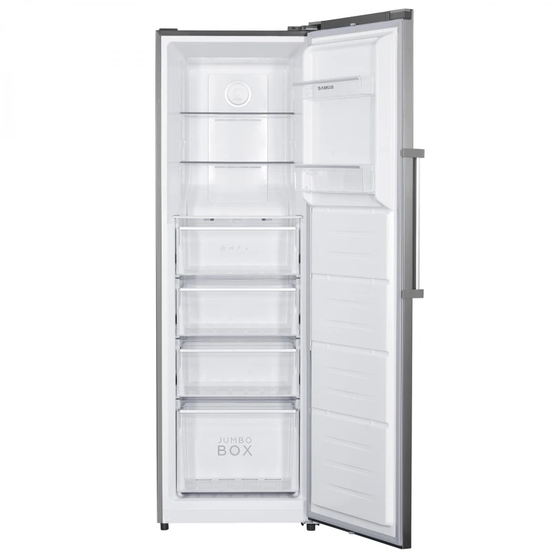 Congelator Samus SCXE346NFE, 274 L, Full No Frost, Multi Air Flow System, Afisaj Led, 3 rafturi din sticla, 3 sertare + 1 sertar Jumbo Box, Clasa energetica E, H 185 cm, Inox/ Argintiu