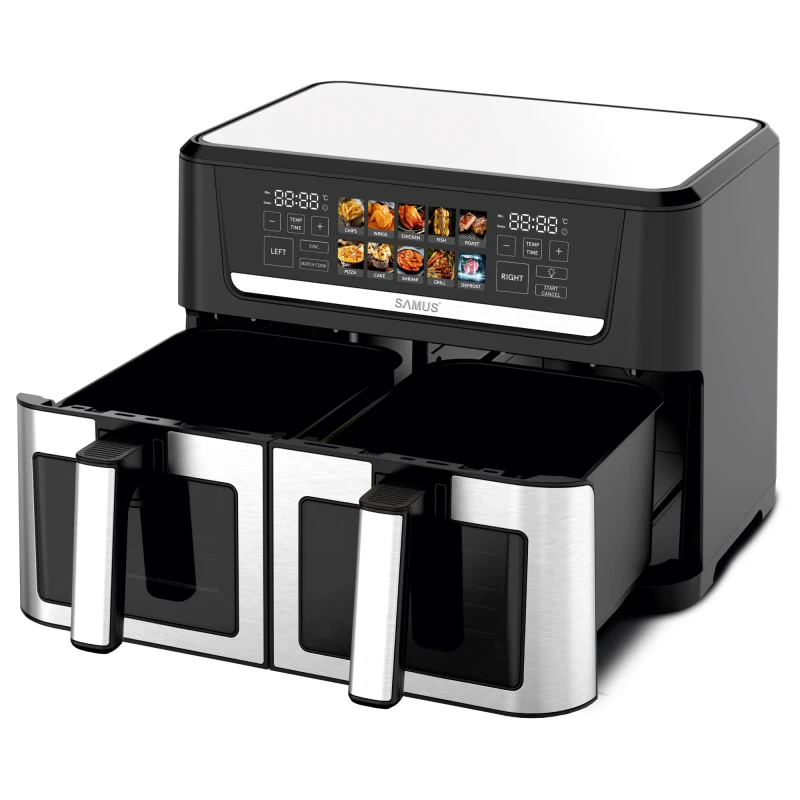 Friteuza dubla cu aer cald Samus AF12TWIN-S2800DW, 12 l, 2800 W, Afisaj electronic color, Timer 0-60 minute, 10 programe (Negru/Inox)