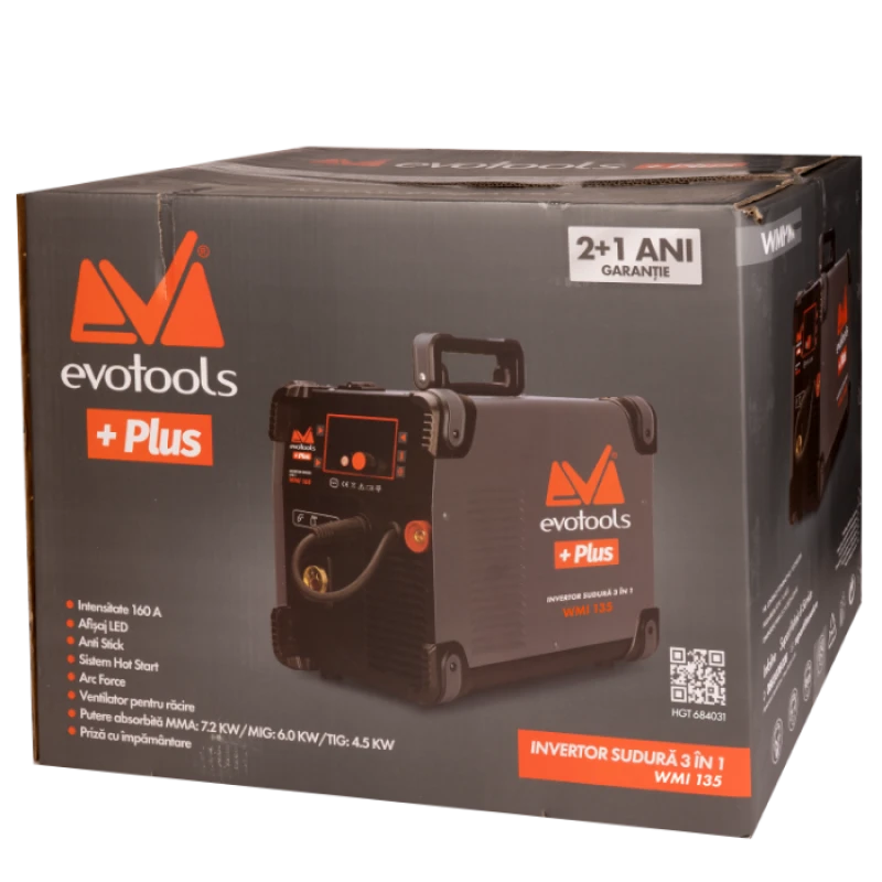 Invertor Sudura 3 in 1 cu Afisaj LED WMI135 EvoTools + Plus, Sudura MMA, MIG/MAG (Gas/No Gas), TIG Lift