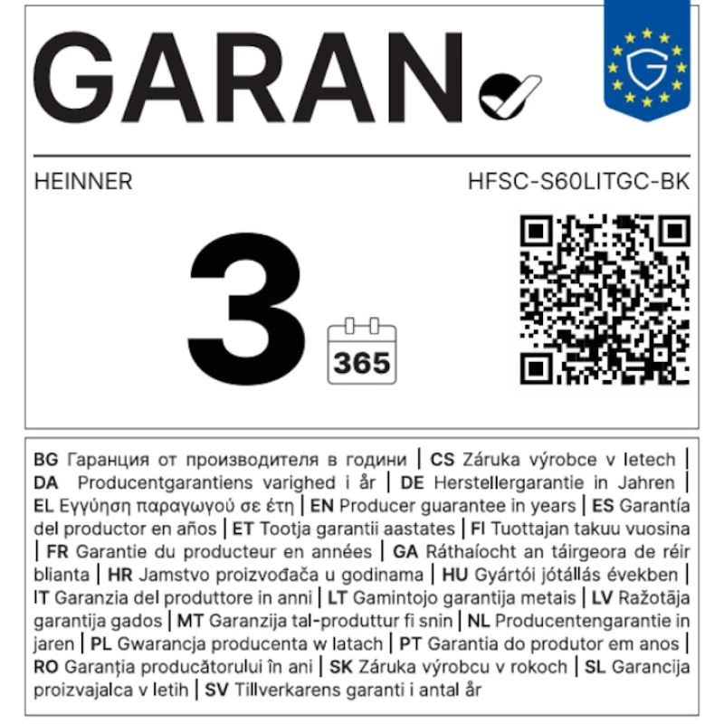 Aragaz mixt Heinner HFSC-S60LITGC-BK, 4 arzatoare, 50x60 cm, cuptor electric, 6 functii, grill, ventilatie, Clasa A, negru
