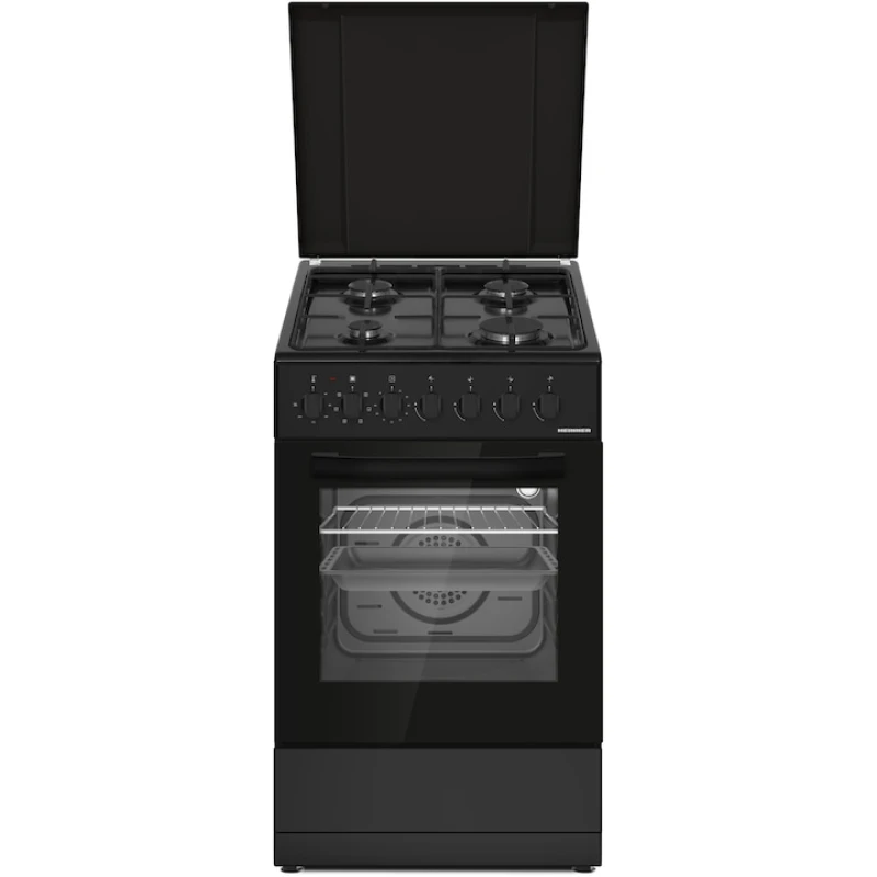 Aragaz mixt Heinner HFSC-S60LITGC-BK, 4 arzatoare, 50x60 cm, cuptor electric, 6 functii, grill, ventilatie, Clasa A, negru