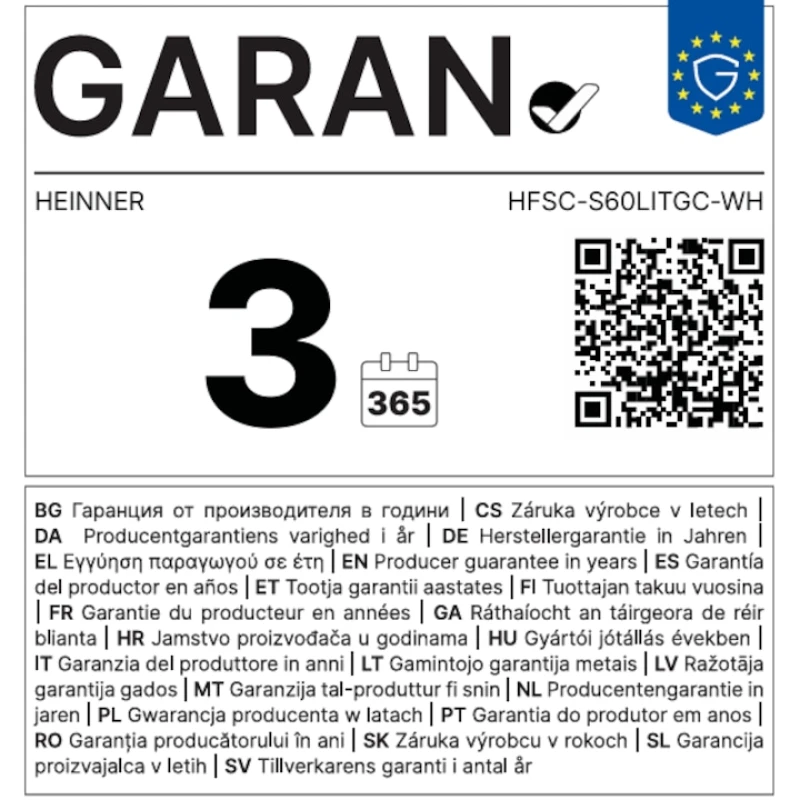 Aragaz mixt Heinner HFSC-S60LITGC-WH, 4 arzatoare, 50x60 cm, cuptor electric, 7 functii, grill, ventilatie, Clasa A, alb