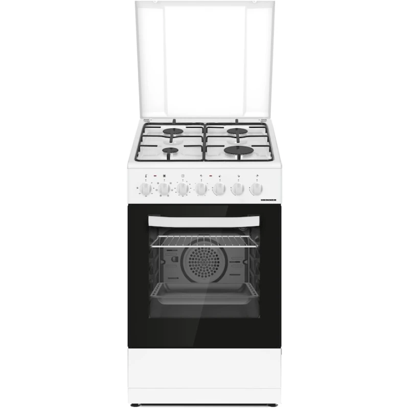 Aragaz mixt Heinner HFSC-S60LITGC-WH, 4 arzatoare, 50x60 cm, cuptor electric, 7 functii, grill, ventilatie, Clasa A, alb