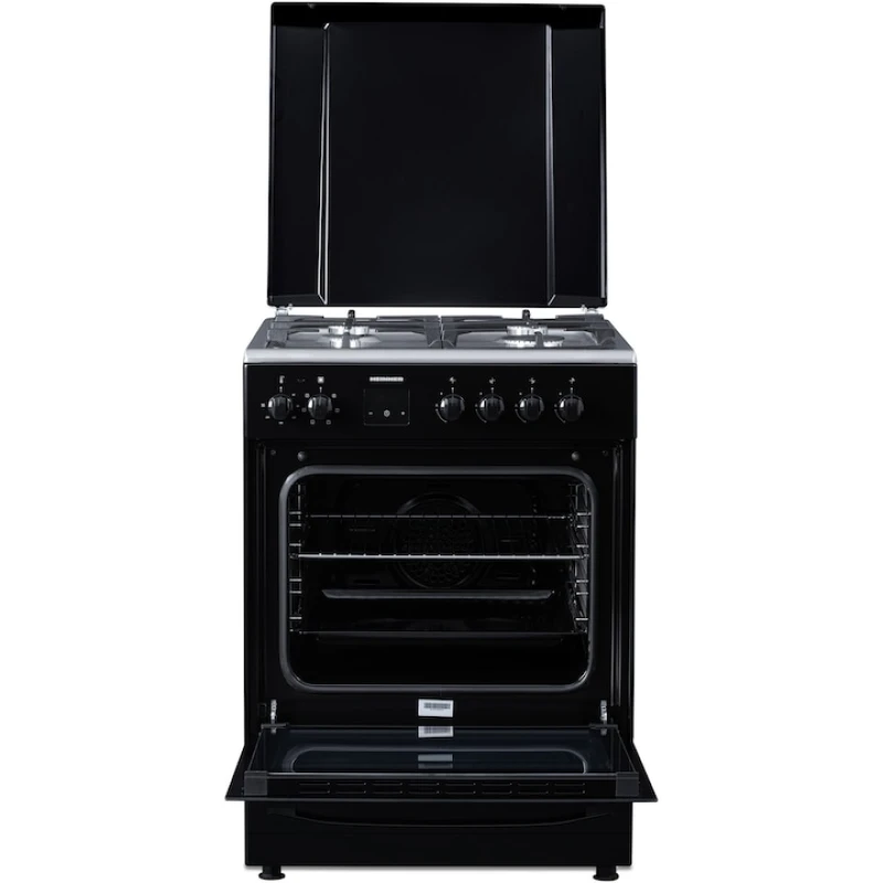 Aragaz mixt Heinner HFSC-S66FDCC-IBK, 4 arzatoare, 60x60 cm, cuptor electric 60L, grill, ventilatie, Clasa A, negru