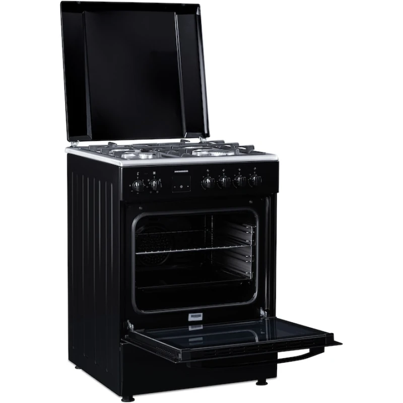 Aragaz mixt Heinner HFSC-S66FDCC-IBK, 4 arzatoare, 60x60 cm, cuptor electric 60L, grill, ventilatie, Clasa A, negru