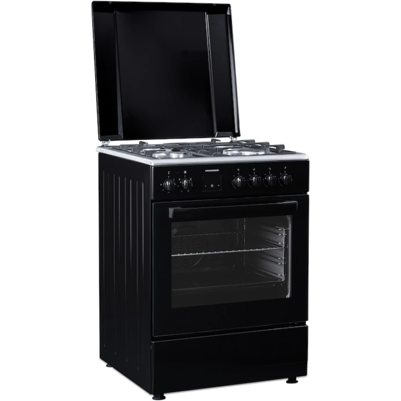 Aragaz mixt Heinner HFSC-S66FDCC-IBK, 4 arzatoare, 60x60 cm, cuptor electric 60L, grill, ventilatie, Clasa A, negru