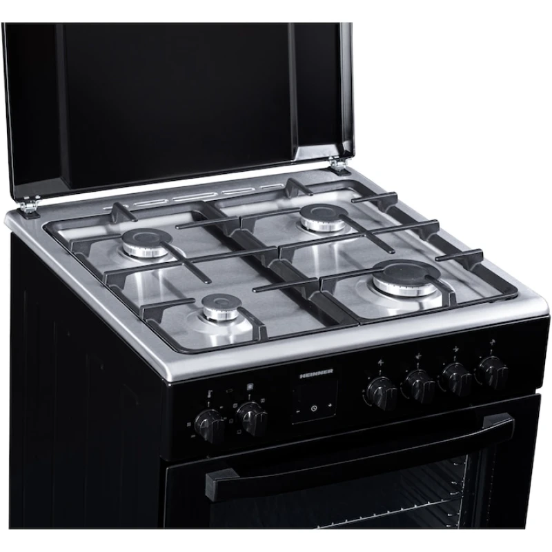 Aragaz mixt Heinner HFSC-S66FDCC-IBK, 4 arzatoare, 60x60 cm, cuptor electric 60L, grill, ventilatie, Clasa A, negru
