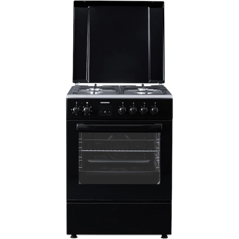 Aragaz mixt Heinner HFSC-S66FDCC-IBK, 4 arzatoare, 60x60 cm, cuptor electric 60L, grill, ventilatie, Clasa A, negru