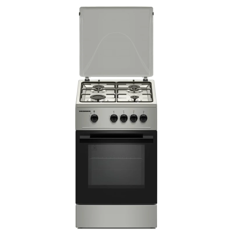 Aragaz pe gaz Heinner HFSC-K50SL, 4 arzatoare, 50x50 cm, siguranta flacara, duze GPL, argintiu