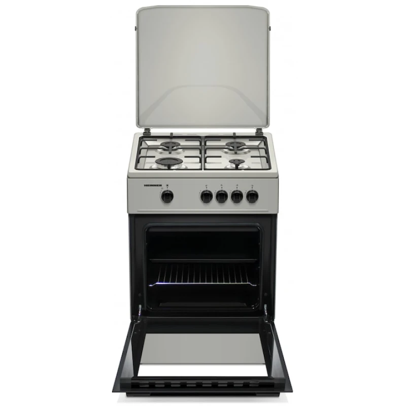 Aragaz pe gaz Heinner HFSC-K6060SL, 4 arzatoare, 60x60 cm, aprindere electrica, siguranta flacara, argintiu