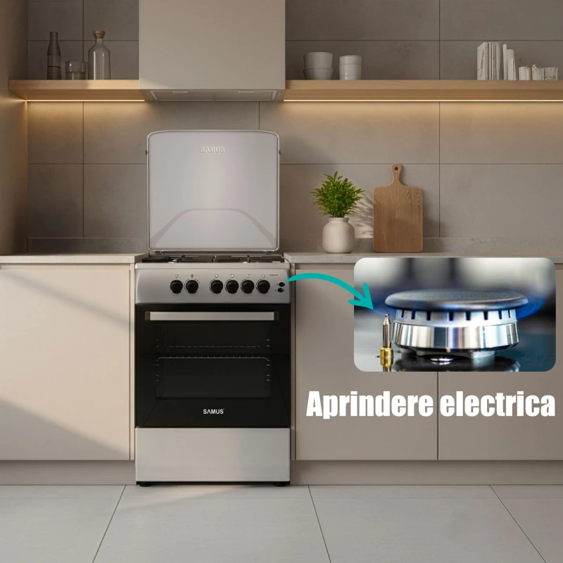Aragaz pe gaz Samus SM664XPGS1, 4 arzatoare gaz, cuptor pe gaz, aprindere electrica plita, dispozitiv siguranta plita, dispozitiv siguranta cuptor, geam dublu la cuptor, timer mecanic, capac metalic, latime 60 cm