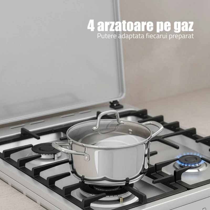 Aragaz pe gaz Samus SM664XPGS1, 4 arzatoare gaz, cuptor pe gaz, aprindere electrica plita, dispozitiv siguranta plita, dispozitiv siguranta cuptor, geam dublu la cuptor, timer mecanic, capac metalic, latime 60 cm