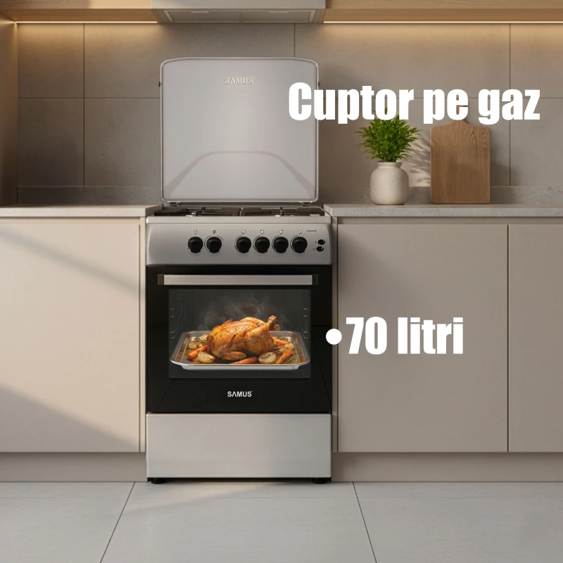 Aragaz pe gaz Samus SM664XPGS1, 4 arzatoare gaz, cuptor pe gaz, aprindere electrica plita, dispozitiv siguranta plita, dispozitiv siguranta cuptor, geam dublu la cuptor, timer mecanic, capac metalic, latime 60 cm