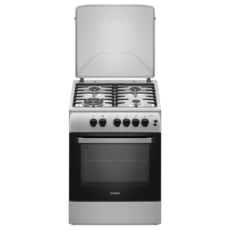 Aragaz pe gaz Samus SM664XPGS1, 4 arzatoare gaz, cuptor pe gaz, aprindere electrica plita, dispozitiv siguranta plita, dispozitiv siguranta cuptor, geam dublu la cuptor, timer mecanic, capac metalic, latime 60 cm
