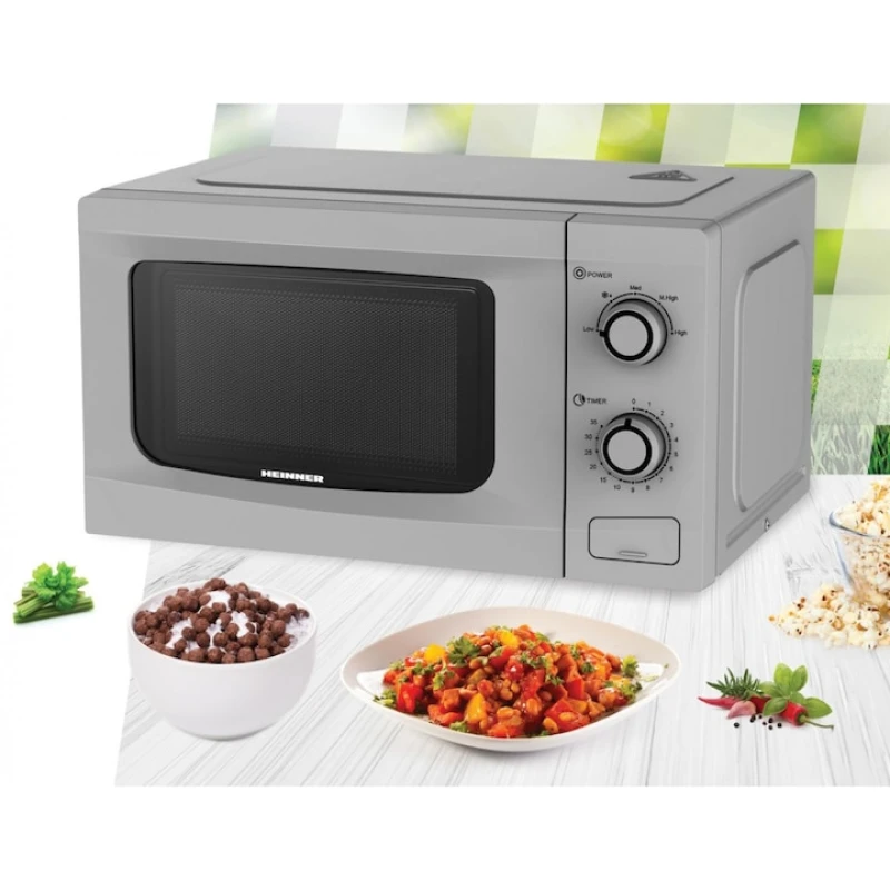 Cuptor cu microunde Heinner HMW-M2035SL, 20L, 700W, 5 trepte putere, control mecanic, argintiu
