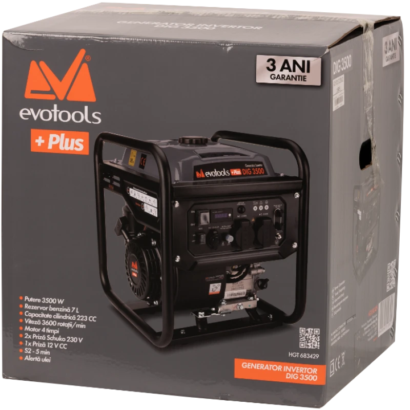 Generator de curent Invertor 3500W, silentios, 4 timpi, 3 ani garantie, Evotools Plus