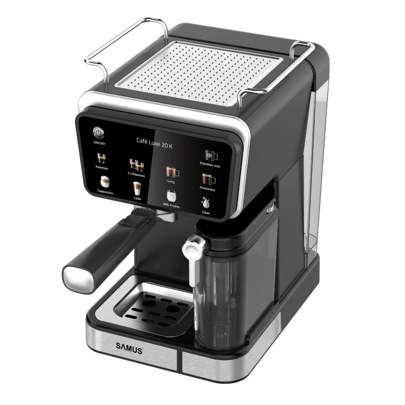 Espressor cafea, Samus Cafe Luxe 20 K, cafea macinata + capsule, 20 bar, 1350 W, capacitate 1.5 litri, rezervor lapte, 8 bauturi presetate, afisaj digital tactil, tehnologie Thermalblock, curatare automata