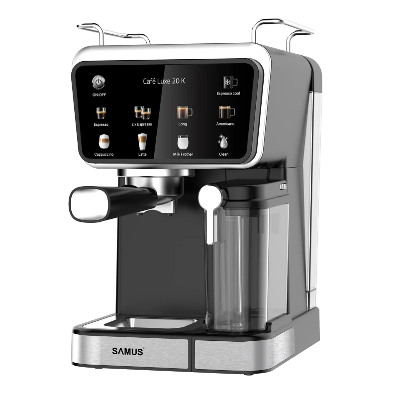 Espressor cafea, Samus Cafe Luxe 20 K, cafea macinata + capsule, 20 bar, 1350 W, capacitate 1.5 litri, rezervor lapte, 8 bauturi presetate, afisaj digital tactil, tehnologie Thermalblock, curatare automata