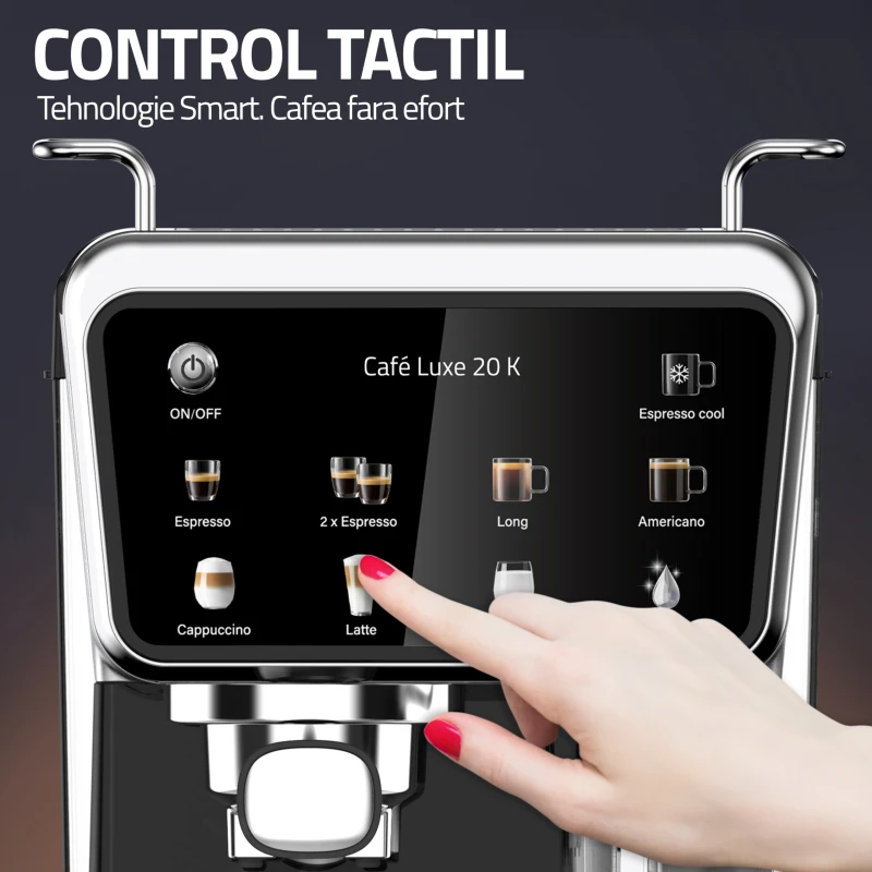 Espressor cafea, Samus Cafe Luxe 20 K, cafea macinata + capsule, 20 bar, 1350 W, capacitate 1.5 litri, rezervor lapte, 8 bauturi presetate, afisaj digital tactil, tehnologie Thermalblock, curatare automata