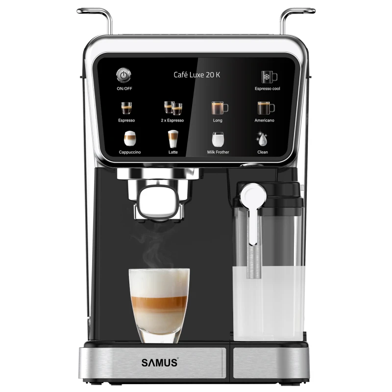 Espressor cafea, Samus Cafe Luxe 20 K, cafea macinata + capsule, 20 bar, 1350 W, capacitate 1.5 litri, rezervor lapte, 8 bauturi presetate, afisaj digital tactil, tehnologie Thermalblock, curatare automata