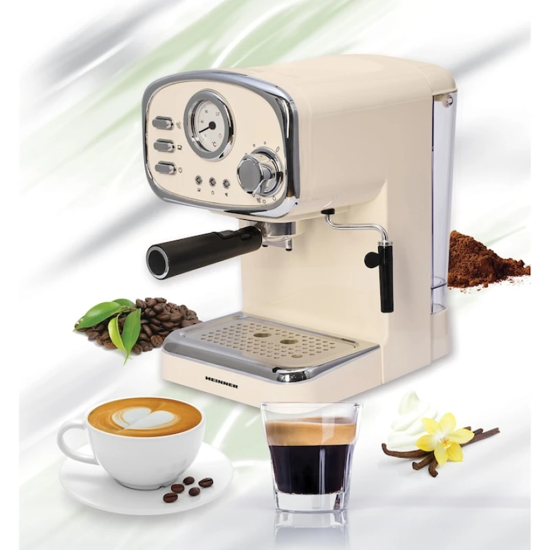 Espressor manual Heinner HEM-1100CR, 1100W, 15 bar, 1.25L, 2 cesti, cappuccino, spumare lapte