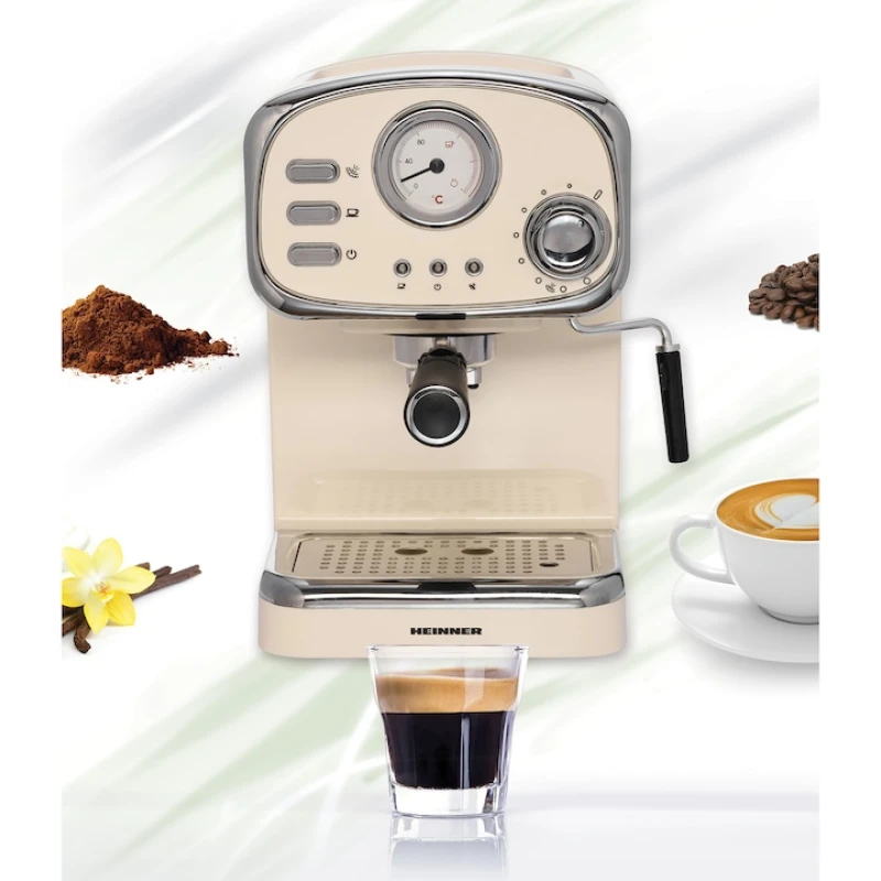 Espressor manual Heinner HEM-1100CR, 1100W, 15 bar, 1.25L, 2 cesti, cappuccino, spumare lapte