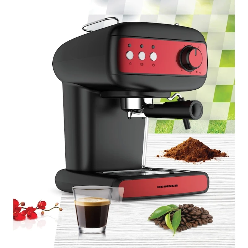Espressor manual Heinner Red Boquette HEM-1100BKRD, 850W, 15 bar, 1.25L, cappuccino, spumare lapte