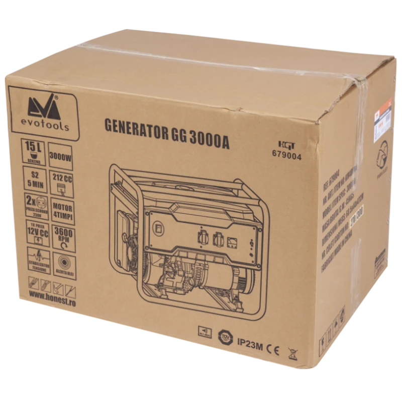Generator benzina EvoTools GG3000A, 3000W, motor 5.4CP, 230V si 12V, rezervor 15L