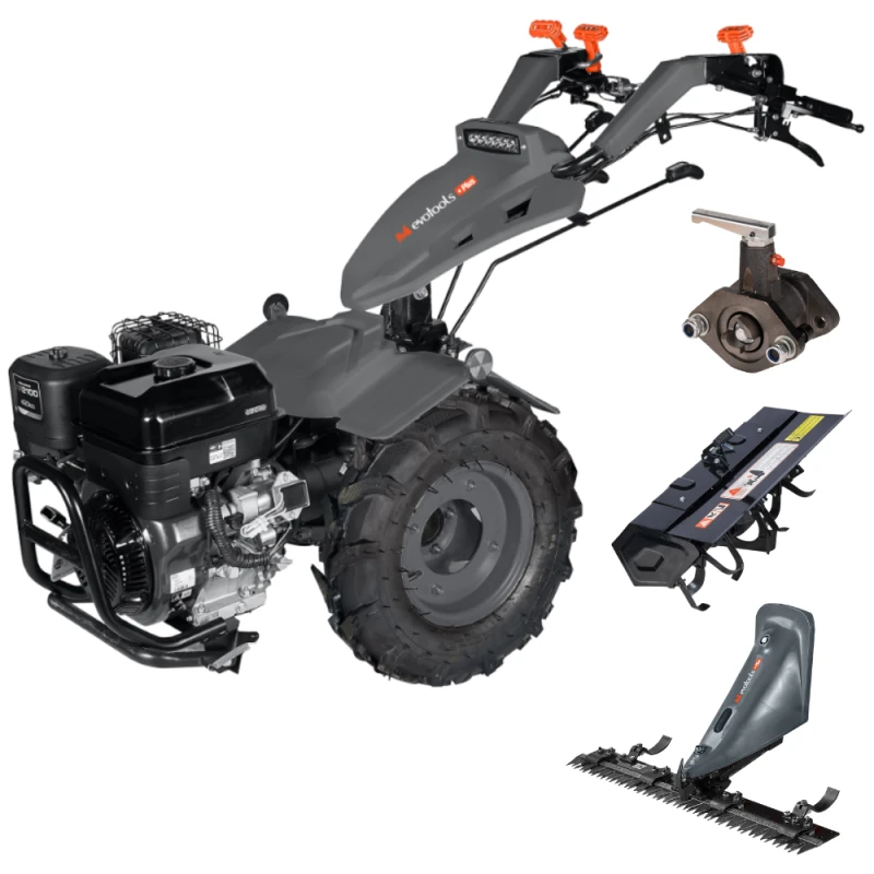 Motocultivator Evotools PLUS MT760A, motor benzina Loncin, 4 timpi, 420 CC, 15 CP, 11.1 kW, 5 trepte viteza, pornire la cheie, diferential blocabil, freza tractata, cositoare, adaptor pto