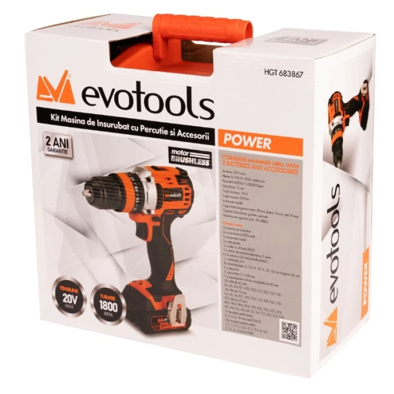 Masina de Insurubat cu Percutie Brushless 20V, 50Nm, 2 Acumulatori 2Ah, Accesorii, POWER Evotools