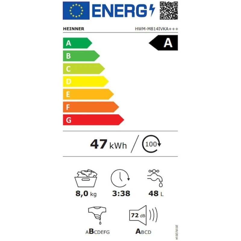 Masina de spalat rufe Heinner Slim HWM-M814IVKA+++, 8 kg, 1400 rpm, Motor Inverter, Clasa A, 14 programe, alb