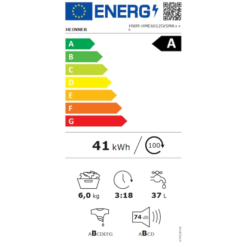 Masina de spalat rufe Slim Heinner HWM-HME6012IVSMA+++, 6 kg, 1200 rpm, Motor Inverter, Clasa A, 15 programe, alb