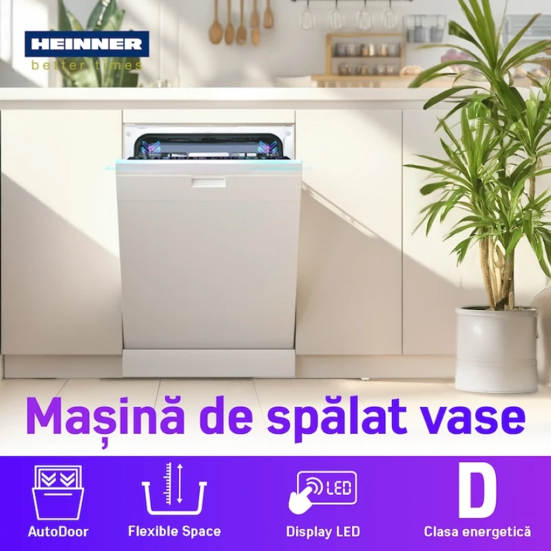 Masina de spalat vase incorporabila Heinner HDW-BIM45710AD+++, 10 seturi, 45 cm, Clasa D, 7 programe, Aquastop